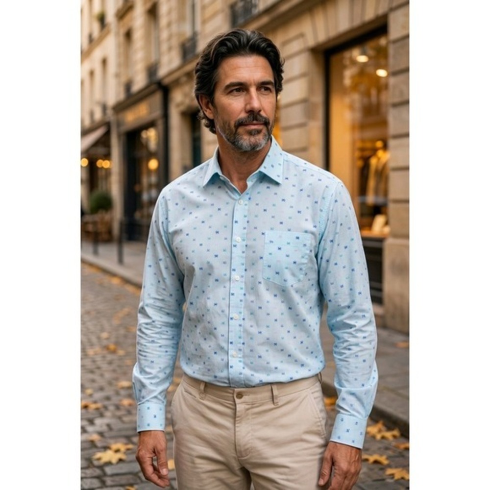 Lands End XXL Men's Crab Print Striped Button Down Long Sleeve Shirt Blue